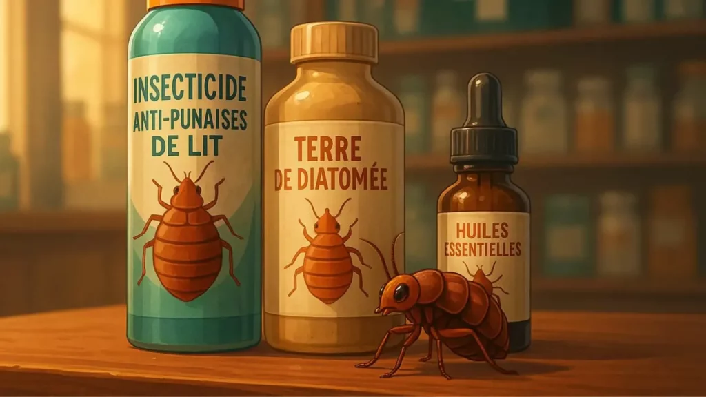 Quels produits naturels peuvent fonctionner ? Illustration : poudres naturelles (terre de diatomée) et huiles essentielles sur une table