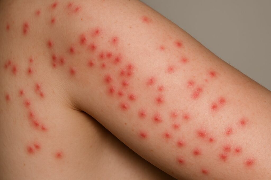 boutons rouges alignés sur la peau, caractéristiques des punaises de lits