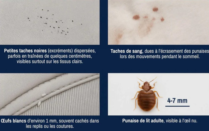 Punaises de lit : exemple de traces de punaises : taches noires et exuvies près des coutures, petite tache de sang en surface